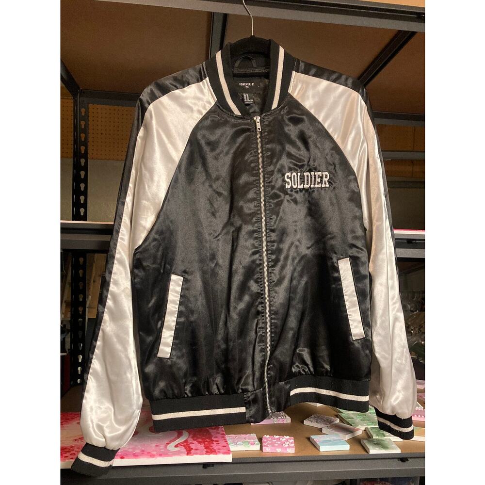 M DAMAGE Forever 21 satin bomber jacket black white raglan sleeves SOLDIER
